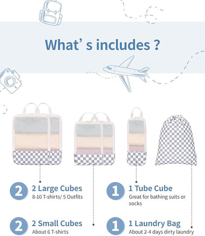 Narwey 6 Set Compression Packing Cubes for Travel Kids Women Carry on, Packing Organizers Bag for Backpack Luggage Suitcase Duffle Bags