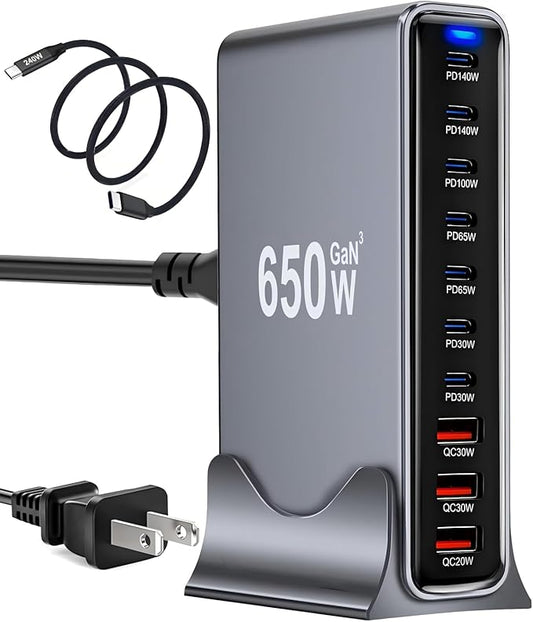 650W USB C Fast Charger Block, 10 Port USB Charging Station, GaN Ⅲ Pro Double 140W PD PPS Port Fast Charging Station,Laptop Wall Charger Compatible with DELL, HP, MacBook Pro,iPhone 17,Galaxy S24