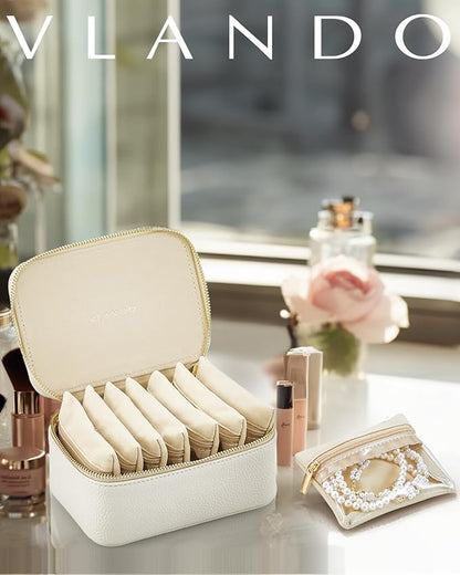 Vlando Gifts for Her,Travel Jewelry Case with 8 Velvet Jewelry Bags Jewelry Travel Organizer Box for Girls Jewelry Box for Rings Earrings Brides Gifts Birthday Gifts for Women Teen(White)