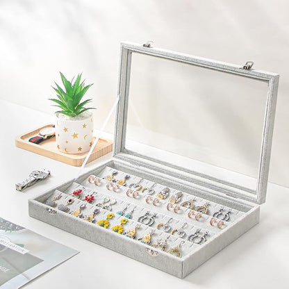 Coward Earring Organizer Tray Box, Grey Beige Velvet Earring Jewelry Display Storage Tray Case with Transparent Glass Lid for Home Drawer or Shop Selling