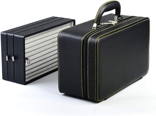 Oirlv Black Leather Jewelry Box Handmade Travel Jewelry Organizer Storage Case Holder For Girl Lady Earring,Ring,Necklace,Pendant,Watch,Bracelet.(3 layers)