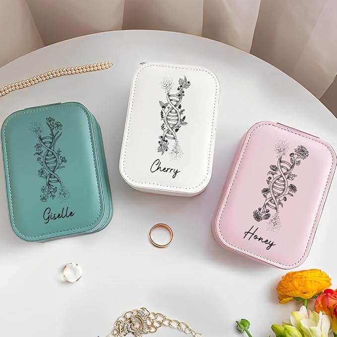 callie Personalized DNA BirthFlower Jewelry Box with Mirror & LED 3 Adjustable Light, Custom Name - Travel Makeup Organizer Box, Gift for Women Doctor Medical Staff
