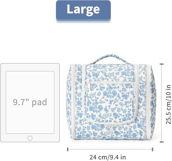 Narwey Hanging Toiletry Bag for Women Travel Makeup Bag Organizer Toiletries Bag for Cosmetics Essentials Accessories (Large, Little Blue Flower)
