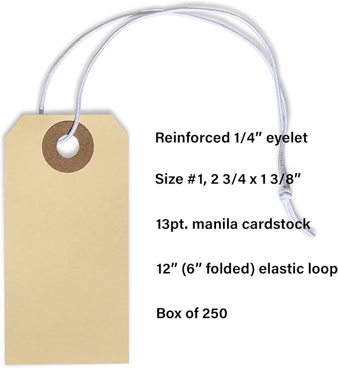 Paper Tags with Strings Attached Elastic- #1, 2 3/4” x 1 3/8”, Box of 500 Manila Shipping Label Tags with Elastic String and Reinforced Hole