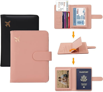 Melsbrinna Rfid Passport Holder for Travel women/Men, Cute Passport Wallet Rfid Blocking Card Slots, Rfid Passport Cover/CaseTravel Wallet, Passport Book Holder (2, Black pink)