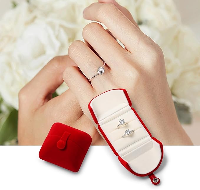 Oirlv Elegant Red Velvet Double Ring Box - Keepsake Gift Holder for Wedding, Proposal & Engagement Ceremonies (Couple Ring Bearer Box)