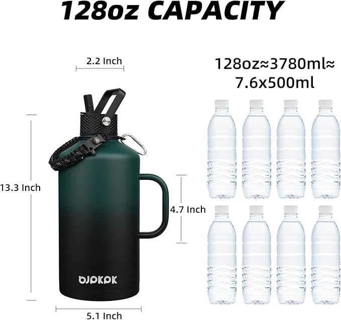 BJPKPK 1 Gallon Water Bottle Insulated with Straw Lid, 50oz,64oz,87oz,128oz Large, Stainless Steel Water Bottles with 3 Lids and Paracord Strap,Double Wall Vacuum Metal Water Jug,Army Green&Black