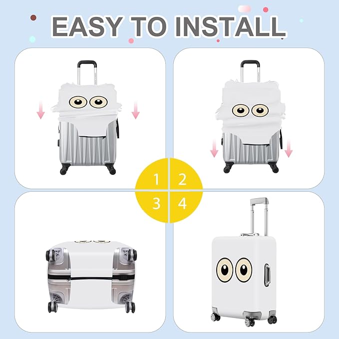 ANNA QUEEN Funny Cartoon Eyes Luggage Cover, White Suitcase Protector with Cute Big Eyes Design, Travel Suitcase Cover for 32-34 Inch Luggage, Stretchable & Washable Spandex Travel Accessories