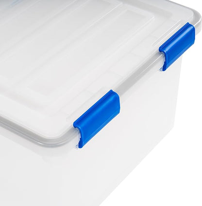 IRIS USA File Box, WeatherPro File Organizer for Letter/Legal File, Water Resistant Document Box, Plastic Gasket File Box With Tight Latch and Seal, Stackable Nestable, Clear/Blue 32 Qt. 3 Pack