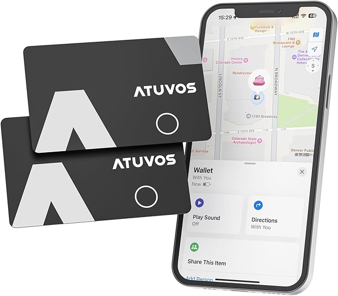 ATUVOS Blueooth Tracker Slim, Smart Air-Tag Wallet Card Ultra Thin 2 Packs Compatible with Apple Find My App (iOS Only), Item Locator for Luggage, Keys, Passport, Bags, IP67 Waterproof