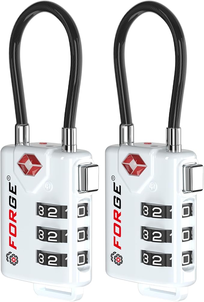 Forge TSA Approved Cable Luggage Locks, Re-settable Combination with Alloy Body(White 2 Locks)