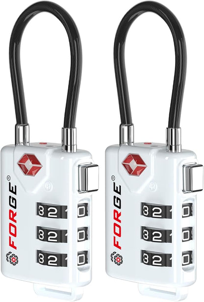 Forge TSA Approved Cable Luggage Locks, Re-settable Combination with Alloy Body(White 2 Locks)
