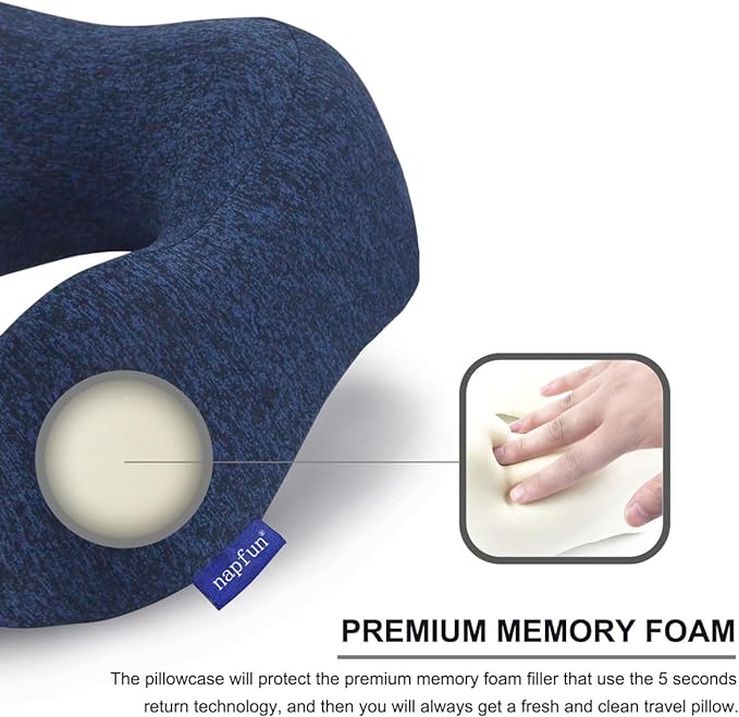 napfun Neck Pillow for Traveling, Upgraded Travel Neck Pillow for Airplane 100% Pure Memory Foam Travel Pillow for Flight Headrest Sleep, Portable Plane Accessories, Full Dark Blue