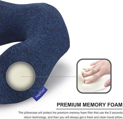 napfun Neck Pillow for Traveling, Upgraded Travel Neck Pillow for Airplane 100% Pure Memory Foam Travel Pillow for Flight Headrest Sleep, Portable Plane Accessories, Full Dark Blue