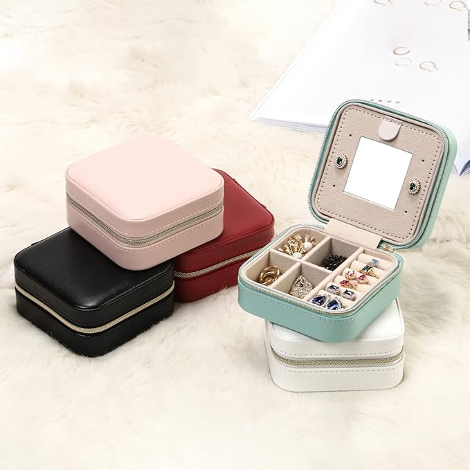 Jewelry Travel Case with Mirror,Small Travel Jewelry Organizer, Portable Jewelry Box Travel Mini Organizer Portable Display Storage Box For Rings Earrings Necklaces (4Color - 4packs)