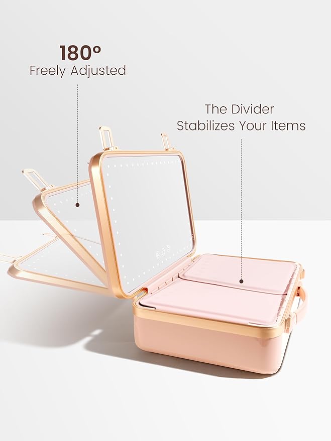 ROWNYEON Travel Makeup Case with Light-Up Mirror & Removable Divider - Portable Train Case Organizer for Girls, Makeup Artist & Hairstylist - 10x Mirror (Pink)