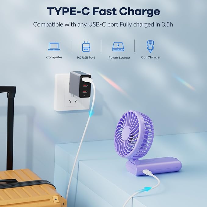 HandFan Upgraded Handheld Fan, 5 Speeds Strong Airflow Hand Fan [Max 27 Working Hours], 180° Foldable Compact Design Personal Fan Handheld with Portable Power for Travel/Disney/Concerts/Women (Purple)