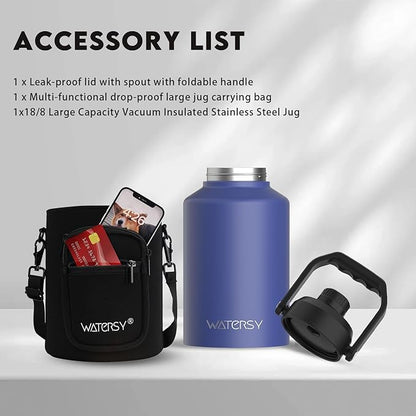 WATERSY Half Gallon Water Bottle Insulated(Cold for 48 Hrs),BPA Free&Leak Proof,64oz Stainless Steel Water Jug/Flask,Big thermo,Large Water Bottle with Handle for Gym,Hiking,Camping,Deep Blue