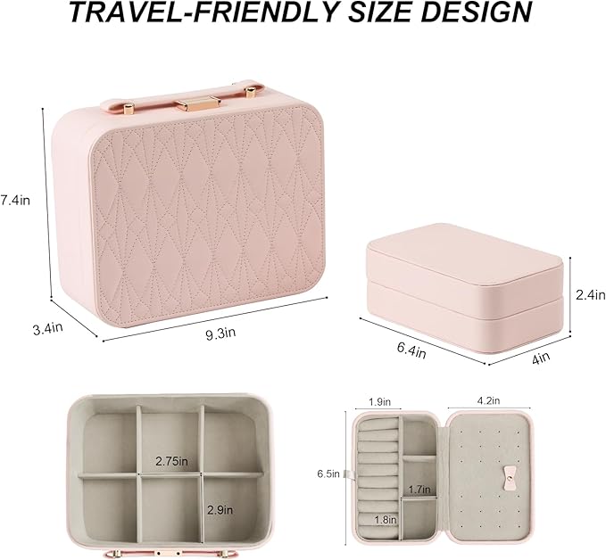 Large Jewelry Travel Organizer, Large Travel Jewelry Box with Removable Jewelry Tray, 2-Layer Jewelry Boxes for Women, Pink
