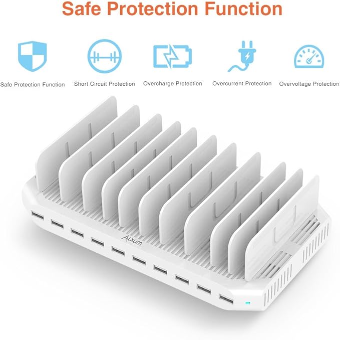 Alxum iPad Charging Station, 96W 10 Port USB Charging Station for Tablet and More Multi Devices Organizer with Detachable Dividers, White