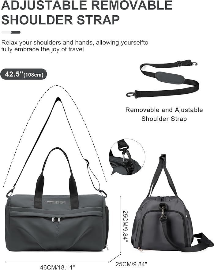 Gym Bag for Women Men with Shoe Compartment, Sport Duffel Bag, Waterproof Travel Weekender Overnight Carry on Bag for Yoga with Trolley Sleeve, Grey