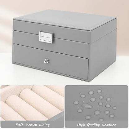 DesignSter Jewelry Organizer Box, 2 Layers Large Jewelry Box with Travel Jewelry Case, Leather Jewelry Storage Case for Rings Earrings Bracelets Necklaces (Gray)