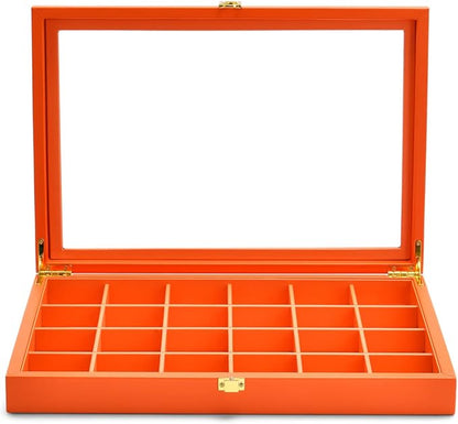 Oirlv 24 Grid Premium Leather Jewelry Organizer Tray with Transparent Lid Jewelry Display Case Drawer Insert Rings Earrings Holder