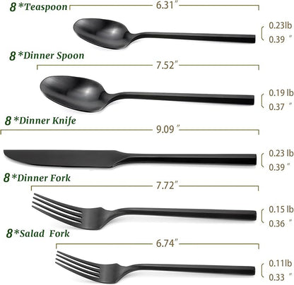 DEACORY Silverware Set with Serving Utensil Set Matte Black Flatware Set Hand Forged Stainless Steel Cutlery Set 45 Pieces Matte Finished Hexagon Handle Service for 8