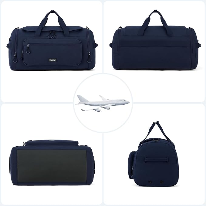 Large Travel Duffle Gym Bag with Shoe Compartment, Underseat Carry On Luggage Overnight Weekender Personal Item Workout Bags for Women Men (Navy Blue)