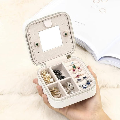 Jewelry Case with Mirror, Small Travel Jewelry Organizer, Portable Mini Storage Box for Rings, Earrings, Necklaces, Gift for Mom, Girl, Daughter, Sisters, Bridesmaids, Mother's Day Gift (White-4pack)
