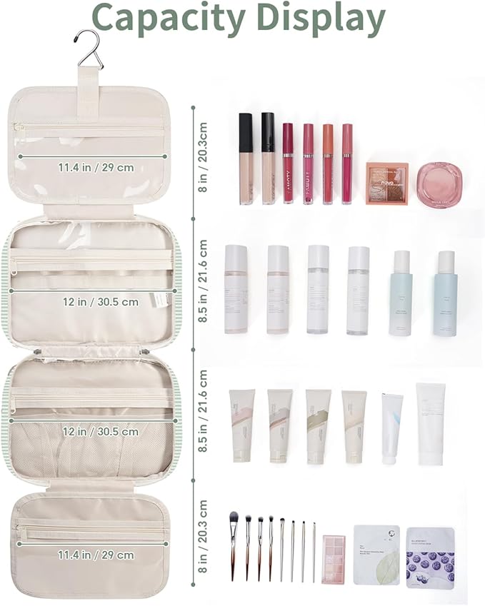 Narwey Striped Travel Toiletry Bag for Women Large Hanging Makeup Bag Organizer Toiletries Bag for Full Size Essentials Accessories Cosmetics (Mint Green Stripe (Large))