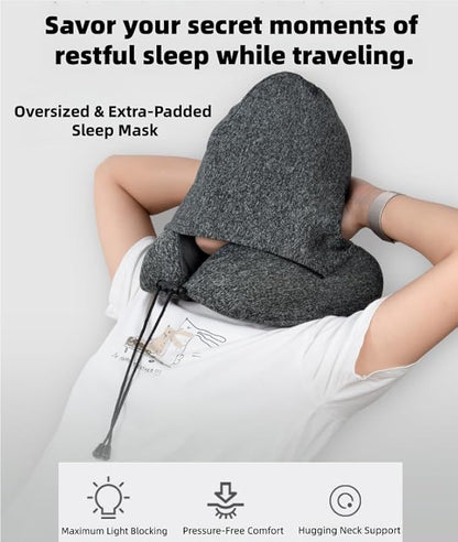 Travel Pillow with Extra Large Hood Rollable Airplant Hooded Neck Pillow with Memory Foam Filling and Removable, Skin-Friendly Cover with a Carrying Pouch