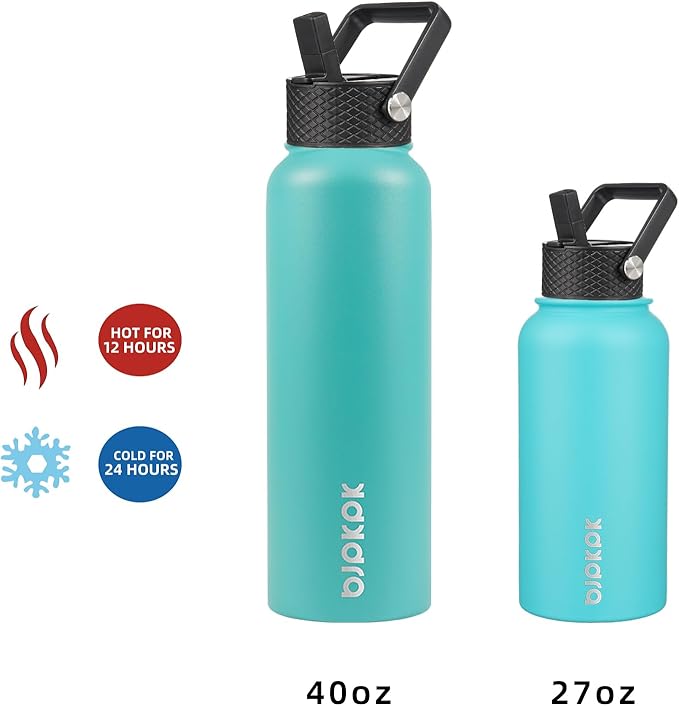 BJPKPK Insulated Water Bottles with Straw Lid, 27oz Stainless Steel Water Bottle with 3 Lids, Leak Proof BPA Free Metal Thermo, Mugs, Tumblers, Keep Cold Hot - Turquoise