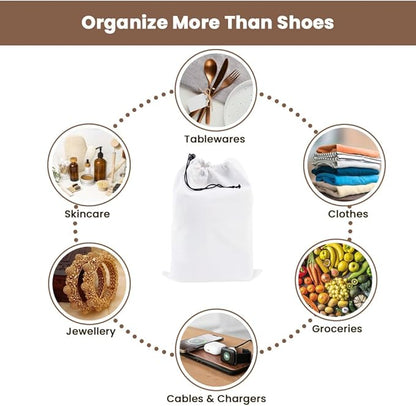 LFH Cotton Rich Shoe Storage Bags with Drawstring, Dustproof Breathable Reusable Organizer, Perfect For Travel, Dorm, Hotel, College, Gym, Easy to Carry, Machine Washable 8"x17" (Pack of 6) - White
