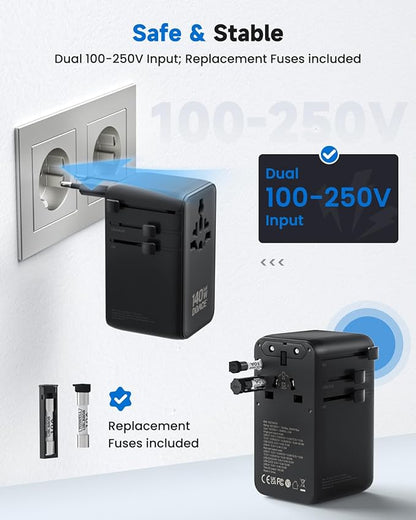 DOACE Universal Travel Adapter, 140W GaN 3.0 European Travel Plug Adapter with Built-in USB-C Cable, 6 in 1 USB-C PD Fast Charging Universal Adapter for Worldwide Travel-EU/UK/USA/AUS