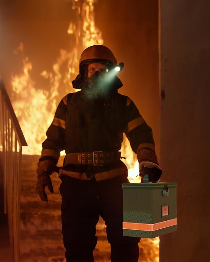 Oterri 2 Pack Fireproof Document Box With Lock, Portable File Safe Box Fireproof Waterproof For Letter Files, Collapsible Fireproof File Box With Handle (Green, 2 Pack)