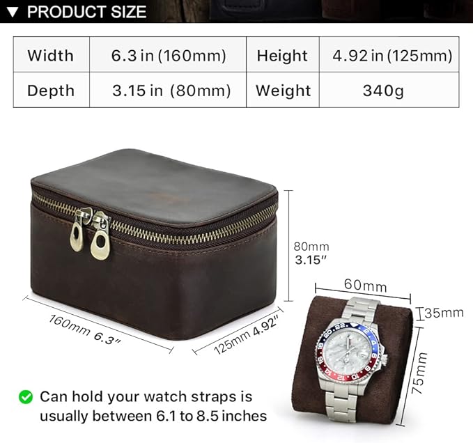 CONTACTS Crazy Horse Leather Watch Case and Cufflink Storage Box for Men Small Travel Zipper Jewelry Accessory Organizer