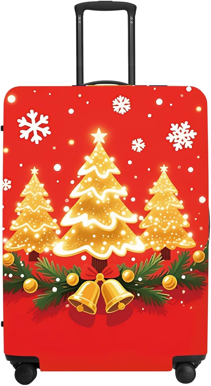 Golden Christmas Trees Luggage Cover - Sparkling Trees with Bells and Holly on Red Background, Elegant Holiday Design Stretchable Suitcase Protector for 28 30 Inch Travel Bags