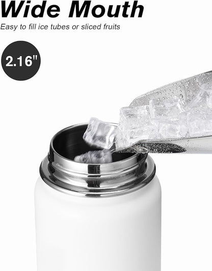 Coolflask Water Bottle 24 oz Insulated with Straw, Stainless Steel Metal 3 Lids Water Flask Wide Mouth for Sports or Office, Non-BPA Keep Cold Up to 48 Hrs or Hot Up to 24 Hrs, White