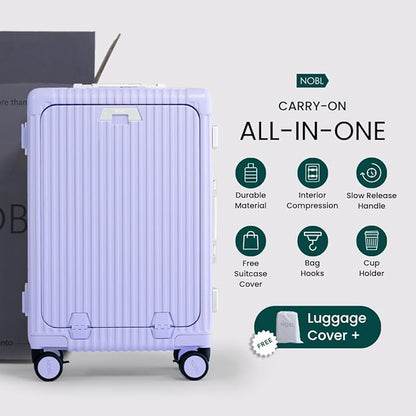 Nobl Travel Carry On Luggage, Noble Zipperless Aluminum Frame PC Hard Shell Suitcase, 22.5x15x9.5 Airline Approved, 360° Spinner Wheels, TSA Locks, USB Charging Port, Cup & Phone Holder - Lavender