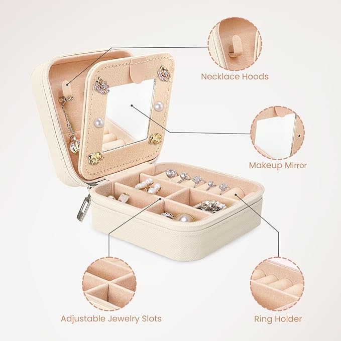 SANDJEST Personalized Jewelry Box, White Travel Jewelry Box with Initial M, Small Monogrammed Jewelry Case Organizer for Girls Women Teen Kids, Mini Travel Essentials Gifts for Birthday Christmas