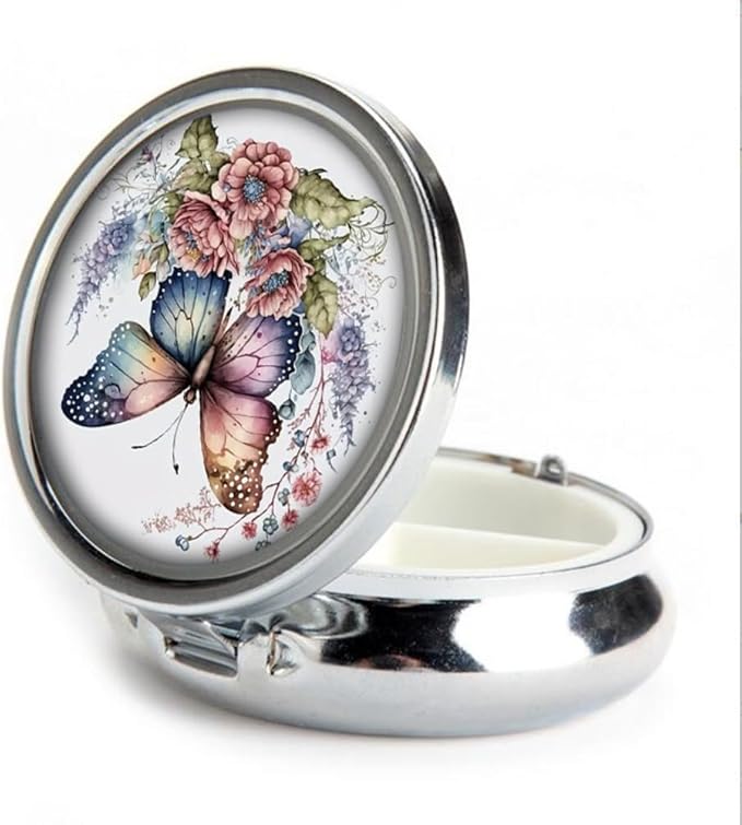 Pill Box,Vintage Butterfly Floral Round Pill Box 3 Compartment Decorative Pocket Purse Portable Mini Travel Medicine Tablet Vitamin Holder Organizer Pill Case