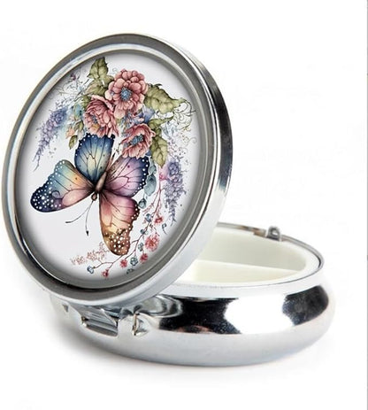 Pill Box,Vintage Butterfly Floral Round Pill Box 3 Compartment Decorative Pocket Purse Portable Mini Travel Medicine Tablet Vitamin Holder Organizer Pill Case