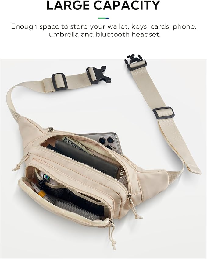 WATERFLY Fanny Pack Waist Packs: Large Crossbody Fanny Packs for Women Men with 5 Zipper Pockets Adjustable Strap Waist Bags Hip Pack for Traveling Cycling Running Hiking-White