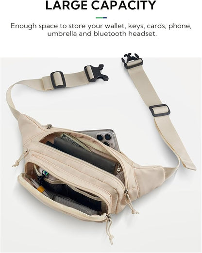 WATERFLY Fanny Pack Waist Packs: Large Crossbody Fanny Packs for Women Men with 5 Zipper Pockets Adjustable Strap Waist Bags Hip Pack for Traveling Cycling Running Hiking-White