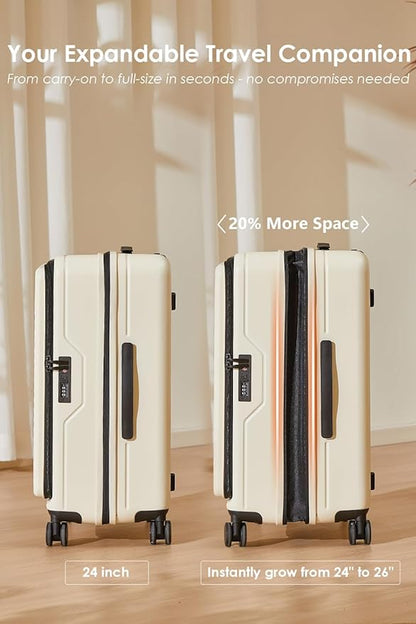 HotWay 24 Inch Expandable Front Opening Checked Luggage with Cup Phone Holder and USB Port, Lightweight Hardshell Suitcase with Wheels and TSA Aproved Locks