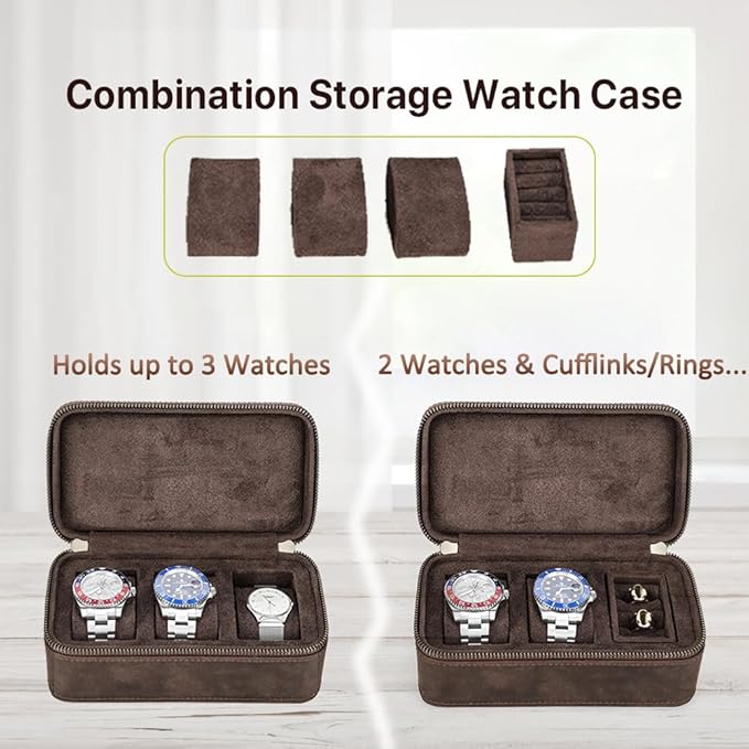 CONTACTS Watch Case Cufflinks Box for Men Small Luxury Leather Jewelry Storage Organizer for 2 Watches with Cufflinks Ring Pad