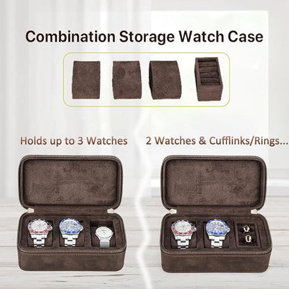 CONTACTS Watch Case Cufflinks Box for Men Small Luxury Leather Jewelry Storage Organizer for 2 Watches with Cufflinks Ring Pad