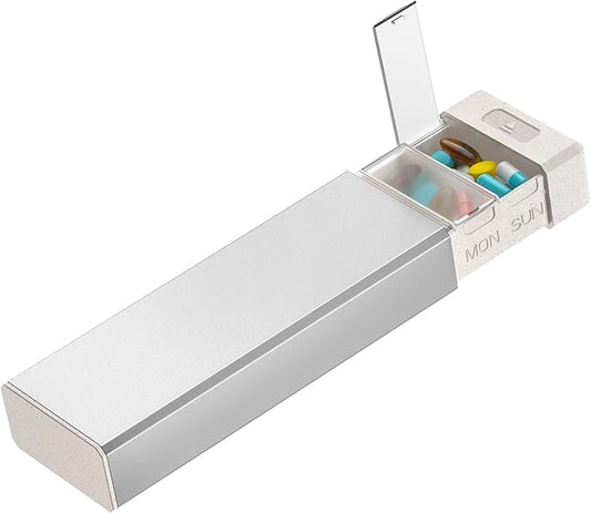 HEIYING 7 Days Pill Organizer with Aluminum Shell for One Week Capacity, Portable Metal Pill Case to Hold Vitamin, Medicine, Supplements