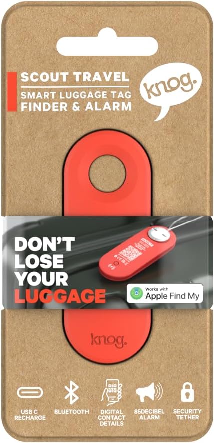 Knog Scout iOS Smart Tag, Tracker & 85d Alarm– Rechargeable Luggage Tag Compatible with iOS App & Apple Find My, Digital Contact Info, Remote Chime, Low Battery Alerts, Water-Resistant, Red